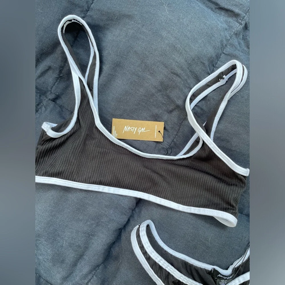 Nasty Gal NWT Black Ribbed Thong Bikini - Picture 2 of 5